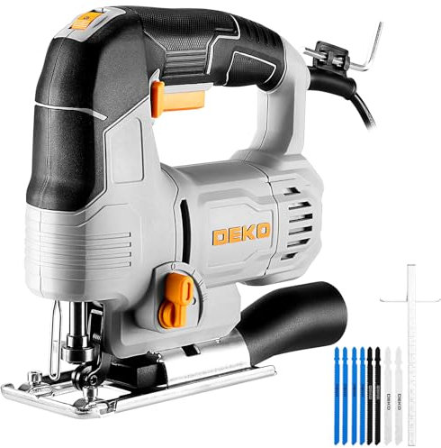Seghetto Alternativo Elettrico: DEKOPRO 550W Seghetto per Legno con 6 Velocità Variabili da 800 a 3000 Tagli al Minuto, con Luce LED, Taglio Inclinato ±45° e 8 Lame per Legno, Metallo e Plastica