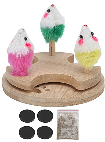 REXVTNS Wooden Cat Toy with Plush Toys & Catnip | Interactive Turntable Toy for Kittens/Adult Cats | Exercise & Stress Relief | Sturdy Bamboo Wood Construction