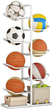 BHKERUZ Ball Storage Rack,Football Stand Display,Versatile Ball Stand for Football Basketball Volleyball Rugby, Football Storage Rack,White,58×23.5×116 cm