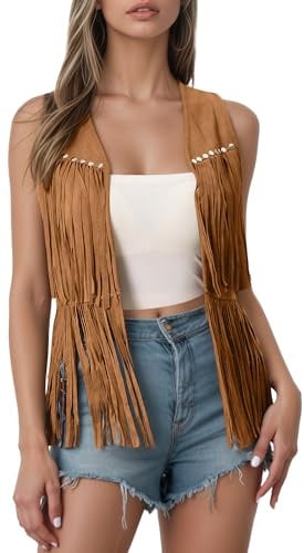 Maeau - Gilet senza maniche da donna in ecopelle scamosciata con frange Stile cowboy anni 70, hippie, aperto sul davanti, in scamosciato Taglia S-XXL, Marrone, XL