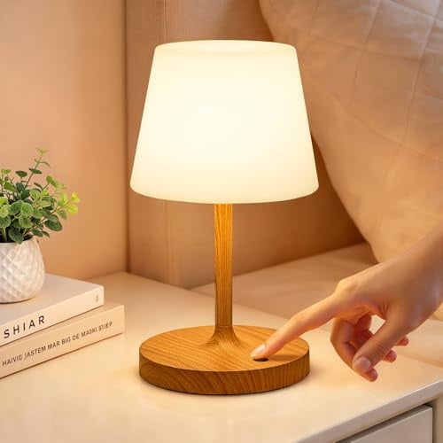 LED Tischlampe Kabellos Akku, Nachttischlampe Touch, mit Stufenlos Dimmbar | Touch Nachttischlampe Dimmbar mit Memory Funktion, für Schlafzimmer, Café, Outdoor, Holzmaserung