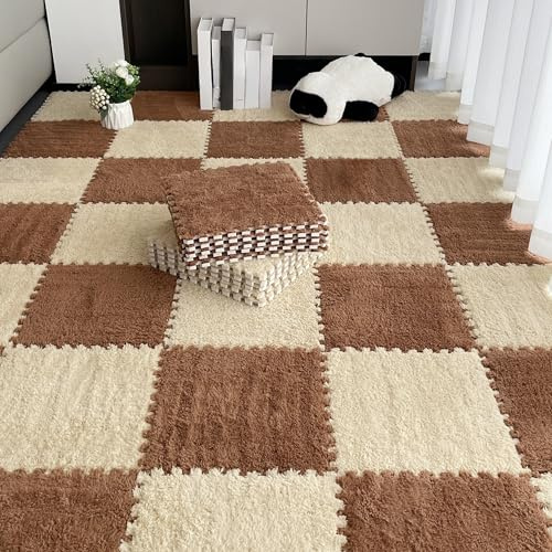 12 Stück Teppich-Quadrate, Puzzle-Bodenmatte, ineinandergreifende Plüsch-Teppichfliesen, rutschfeste Eva-Schaum-Puzzle-Bodenfliesen, schaffen einen sicheren Bereich für Schlafzimmer, Spielzimmer