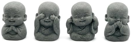 4-Set Lachende Buddha-Statue, kleine Buddha Skulpturen aus Sandstein | Dekorationsartikel für Innen & Außen, Blumentopf, Garten und Aquarium - Ideal als Einweihungs-Geschenk