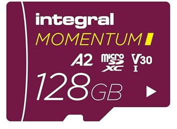 Integral Momentum I 128 Go Carte microSDXC, 210 Mo/s en Lecture, 180 Mo/s en écriture, V30, U3, A2, pour 4K/5K UHD sur GoPro, Drones DJI, caméras Sport et 360°, étanche, Antichoc