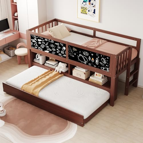 TOBIDOEN Kinderbett 90x200 cm mit Ausziehbett, Bett mit Kritzeleienbrett und Lattenrost, Staufächer im Offenen Stauraum, Kinderkletterleiter, Massivholz Etagenbett, Ohne Matratze, Braun