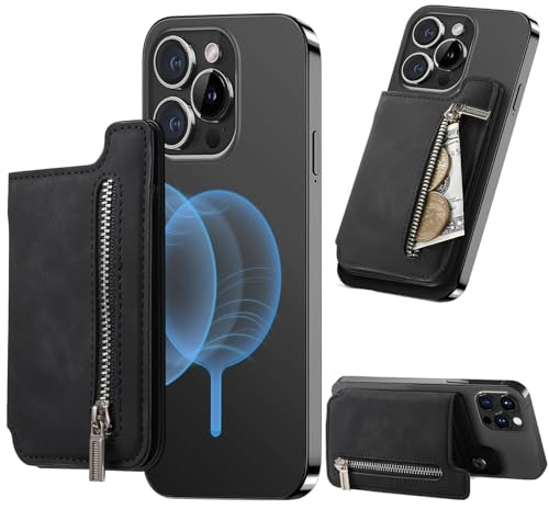 Fofvccv Magnetic Wallet mit Ständer, Kompatibel mit MagSafe - SD Schwarz | Premium Vegan Leather Phone Wallet mit Reißverschluss & RFID-Schutz Magnetisches Kartenetui für iPhone 17 16 15 Serie