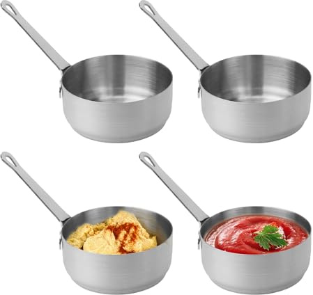 4 Pieces 3.5 Oz Stainless Steel Dipping Sauce Pots with Handle, Metal Ramekins Sauce Cup Dish, Reusable Steel Condiment Bowls Containers for Ketchup Dressing Seasoning (Silver)