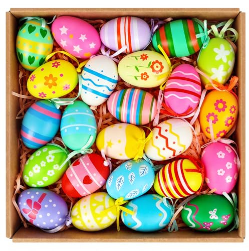 24Pcs Easter Hanging Eggs, Colorful Plastic Easter Eggs Tree Decorations | for Basket School Home Office Egg Hunt Party