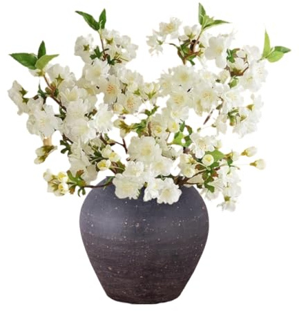 YELIKIT Künstliche Kirschblüten, 4 Stück künstliche Kirschblüten Stiele 46 cm Lange Stiele Kunstseide Pfirsichblüten Zweige Dekor für Vasen-Arrangements, Hochzeit, Tisch, Garten, Heimdekoration, Weiß