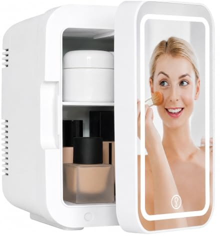 MoraRise 6L Skincare & Makeup Mini Fridge, Cooler & Warmer with LED Mirror | Portable Compact Desktop Small Beauty Fridge for Bedroom, Dressing Table & Office, AC/DC Mains (White)