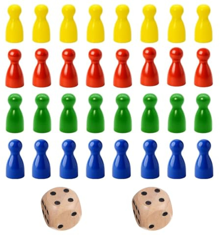 LONZIKP 32 Bunte Holz Halmakegel & 2 Holz Würfel für Brettspiele | Extra große Spielsteine für Mensch ärgere Dich Nicht, Kinder & Senioren