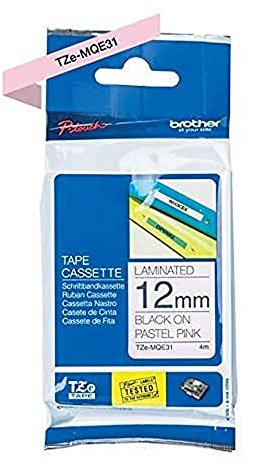 Brother Original laminiertes Schriftband TZe-MQE31 12 mm, schwarz auf pastell-rosa (u.a.für Brother P-touch H200, H100LB/R, H105, E100/VP, D200/BW/VP, D210/VP, Cube)