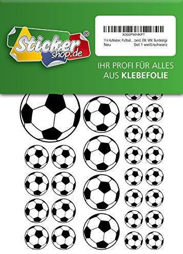 114 Aufkleber, Fußball, Sticker, 15-50 mm, weiß/schwarz, aus PVC, Folie, bedruckt, selbstklebend, EM, WM, Bundesliga