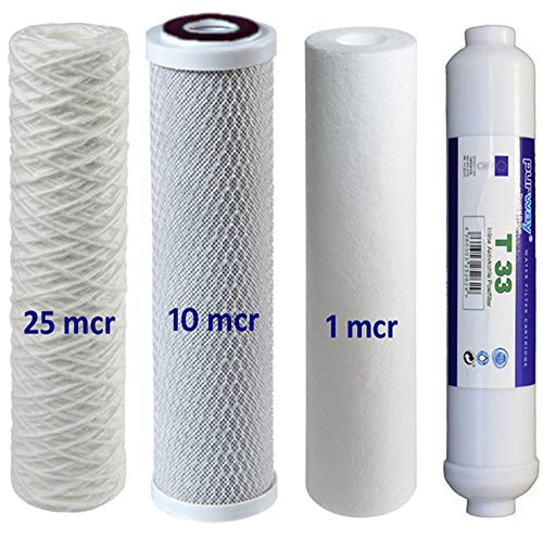 Set di 4 filtri per osmosi 25-10-1-T33 per osmosi inversa da 1° a 3° e 5° stadio