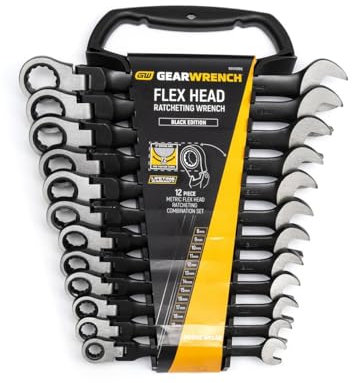GearWrench 9901DBE 12 Point Flex Head Ratcheting Combination Metric Wrench/Spanner, Black, 8 - 19 mm, Set of 12 Piece