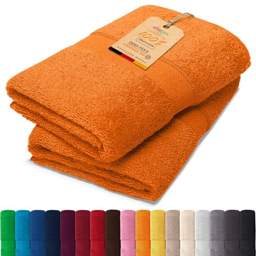 EllaTex 2er Set Badetücher 100x150 cm Serie Paris – 100% Baumwolle, 500 g/m² Frottier, flauschig, Farbe: Orange