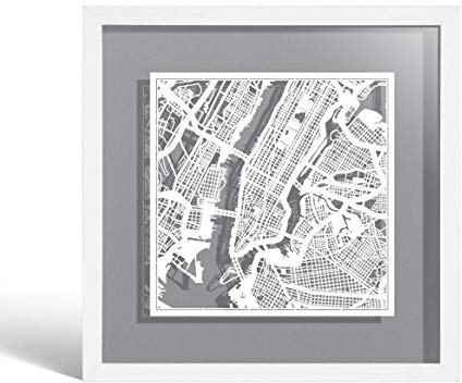 O3 DESIGN STUDIO New York Paper Cut Map framed, White map, White frame, 9x9 inches, Gift Boxed, 4 background color, self-changing, Paper Art