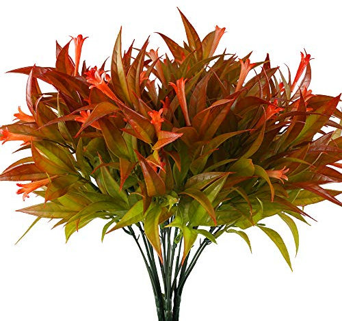 HUAESIN 4pcs Künstliche Blumen Deko Kunstblumen Rot Kunstpflanzen Farn Künstliche Pflanzen Wetterfest Plastikpflanzen für Sommer Balkon Garten Topf Küche Innen Außen Herbst Dekoration