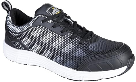 Portwest FT15 Steel Textile Trainer KPU/Mesh Lace-Up Fastening Lightweight | Black/White, 5, S1P EN ISO 20345, CE Certified, Anti-Static Footwear, Slip Resistant Outsole, Durable, Flock Lined