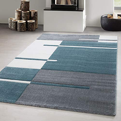 Carpetsale24 Teppich 120x170 cm – Kurzflor Konturenschnitt in Blau Grau Weiß – Kariertes Design, Extra Weich, Waschbar, Pflegeleicht – Für Wohnzimmer, Schlafzimmer, Esszimmer
