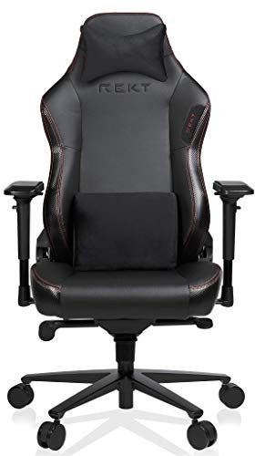 REKT Legend-R Chaise Gaming Noir + Simili Cuir/Matériaux Haute Qualité + Chaise Gamer inclinable 180° + Ergonomique avec Coussin Lombaire Ajustable + Fauteuil Noir Carbone