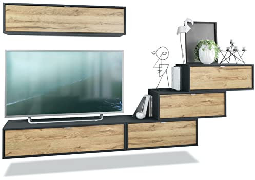 Vladon Wohnwand Lana V1 Anbauwand aus 5 Hängeelementen mit 12 Fächern, Made in Germany, Korpus in Schwarz matt, Fronten in Eiche Natur | Große Farbauswahl