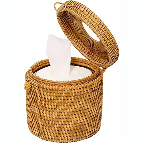 BSTCAR Tissue Box Runden, Taschentuchspender Mit Deckel, 15 * 14cm Taschentuchbox Rattan Retro Büro, Schlafzimmer, Küche und Bad