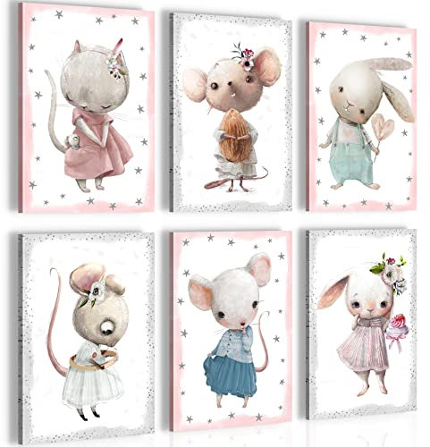 Novart Wandbilder Set Tiere - KOMPLETT AUFHÄNGFERTIG - Made in Germany - Moderne Bilder Kinderzimmer Mädchen - N000064a