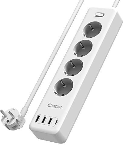 Unidapt Mehrfachsteckdose mit 4 Smart USB Ports (3,4A / 15W), USB-C Steckdosenleiste Wandmontage (2500W /10A) mit Überstromschutz und Kinderschutz, Steckerleiste mit Schalter und 1.8M Kabel, Weiß