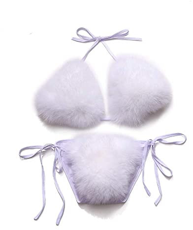 ZOSCGJMY Damen Flauschige Künstliche Fell Pelz Bikini Set Triangel Bikini Zweiteiliger Badeanzug (Weiß)