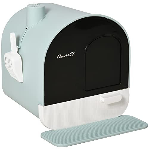 PawHut Cat Litter Box Kitten Litter Tray w/Lid, Scoop, Filter, Flap Door