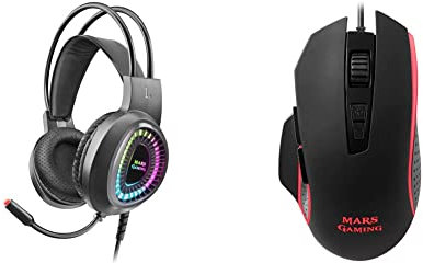 MARSGAMING MH220, Cascos Gaming ARGB SuperBass, Micrófono Flexible, Ultraligero, Negro + Mars Gaming MM018 - Ratón PC, 4800DPI, RGB Breathing, 8 Botones programables