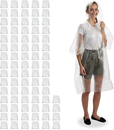 Relaxdays 60 x Regenponcho Einweg, Einmal Regencape mit Kapuze, für Erwachsene, Notfallponcho Unisex, Einheitsgröße, transparent
