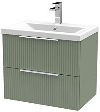 Hudson Reed DFF893A Fluted Modern Bathroom Wall Hung 2 Drawer Vanity Basin Unit with Mid-Edge Ceramic Basin, 600mm, Satin Green