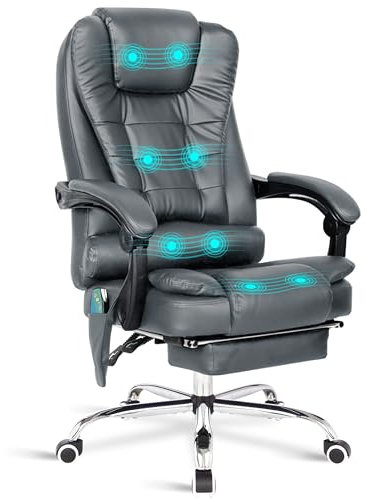 Blisswood Office Chair with Lumbar Support – 8 Point Back Massager Desk Chair with Footrest, 360° Swivel, 135° Recline and Padded Armrests for Office, Home, Work and PC Gaming - PU Leather (Grey)