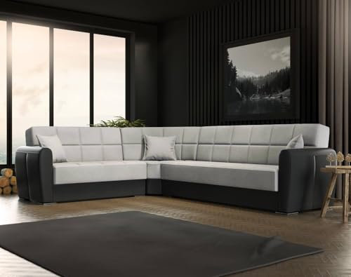 Dmora - Schlafsofa mit Halbinsel Matias, Sofa mit Stauraum aus Öko-Leder und Stoff, Sofa mit klick-Klack-Öffnung, 305 x 238 x 91 cm, Schwarz und Hellgrau