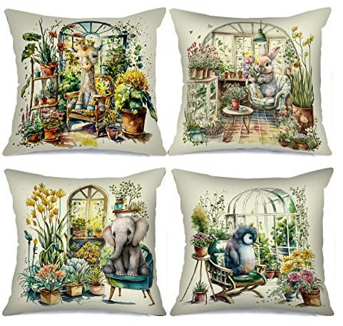 Tucocoo Floral Greenhouse Pillow Covers Decorative 18x18 inch Set of 4 Watercolor Flowers Garden Pillowcases Cute Animals Cushion Case Outdoor Decorations Pillow Covers for Couch Sofa Car Bed Gifts