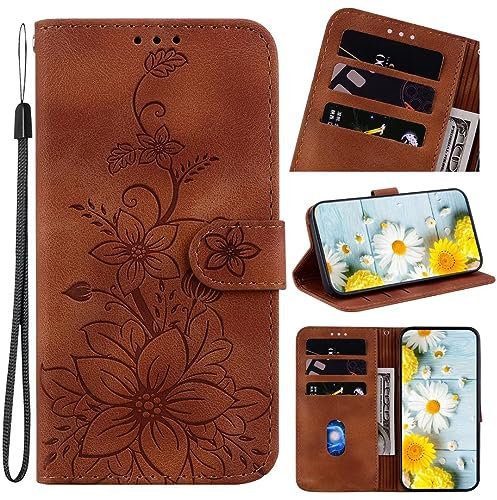 Handyhülle für Xiaomi Redmi 6A Hülle Leder, Handy Xiaomi Redmi 6A Blumen Hüllen, Leder Flip Etui Handytasche Schutzhülle für Xiaomi Redmi 6A with Klapphülle Standfunktion Case braun