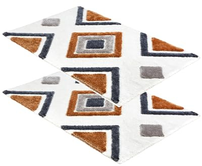 Waschbarer Badezimmerteppich rutschfest - Ethno 2er Set 67 x 110 cm | Weiche Badematte weiß mit Motiv Badteppich groß Badvorleger Trockner geeignet Duschvorleger Badezimmer Baumwolle