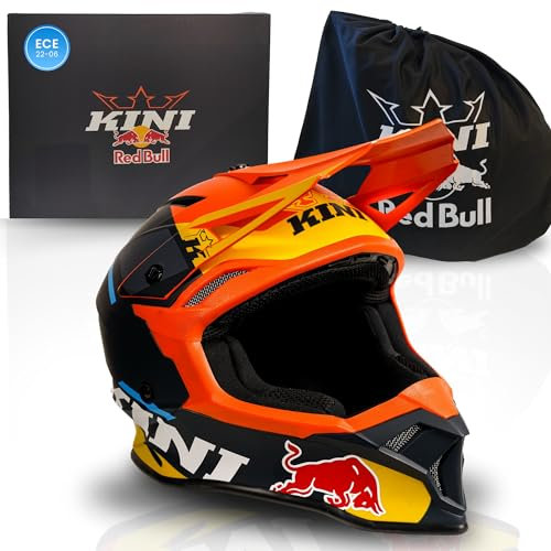 Kini Red Bull Motocross Helm Herren [Premium] Geprüfter Motorradhelm für Renneinsatz - Crosshelm auch als Enduro Helm Downhill Helm einsetzbar - Motocross Helm Brillenträger geeignet (XS, Flash Helm)