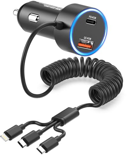 USB C Car Charger Adapter, 90W iPhone Car Charger Cigarette Lighter Adapter PD&QC3.0 Car USB Charger 2 Port Fast Charge with 3 in 1 Cable for Samsung Galaxy S23 S22,iPhone 15 Pro Max 14 13 12