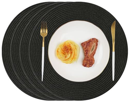 Homcomodar Tischsets Rund 4PCS Schwarz Platzsets Abwaschbar 34cm Platzdeckchen Hitzebeständigem Tisch Tischsets für Küche Abendessen