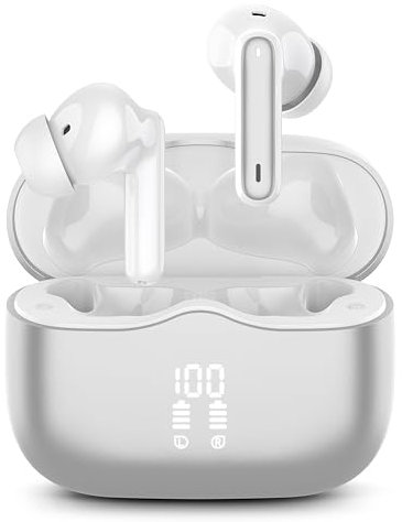 Wireless Earbuds, Wireless Headphones Bluetooth 5.3 Earphones, 2023 Bluetooth Headphones with 13mm Drivers, IP7 Waterproof Ear buds Wireless Earbuds, 36H Playtime, LED Display, Ultra Light, Silver