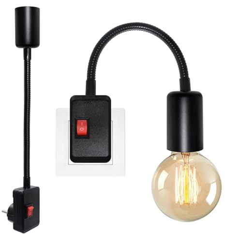 2PCS Douille avec Interrupteur, Support Ampoule E27, 9MM Grossier Flexible Col de Cygne, Noir Lampe de Prise, Spot avec Prise, Lampe de Lecture Murale, Éclairage Temporaire, Sans Ampoule