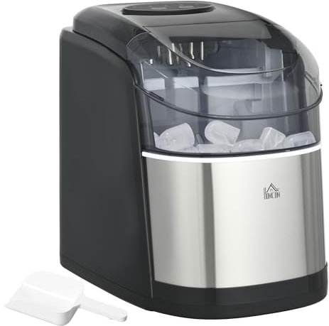 HOMCOM Macchina del Ghiaccio Autopulente da 9 Cubetti in 6-12 Minuti con Cesto e Paletta, Macchina per il Ghiaccio in PP e Acciaio Inox, 24.2x35.3x33 cm, Nera