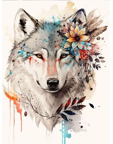 TOSTOG Wolf und Blume Diamond Painting,5D Diamant Painting Kits Bilder für Erwachsene,DIY Diamant Malerei Diamond Painting Bilder Set 30x40cm für Wanddekor
