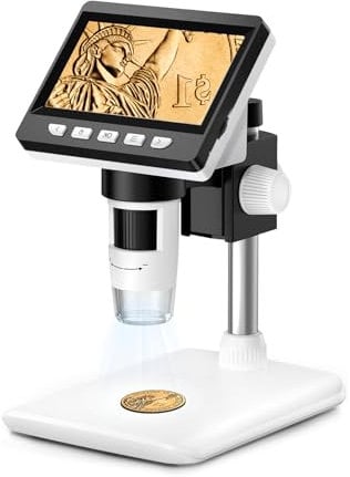 GlobalCrown Microscopio Digital para Niños/Adultos,Pantalla de 4,3 Pulgadas Microscopio portátil con 8 Luces LED Ajustables, Microscopio electrónico con 50-1000X aumentos, Compatible Windows/Mac