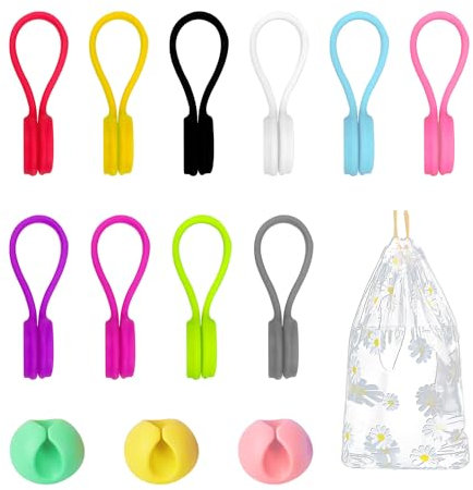 TYGFRT 10 Pieces of Magnet Cable Winders, 3 Pieces of Cable Fixers, 1 Piece of Storage Bag, Data Cable Storage, Magnetic Cable Organizer, Silicone Cable Clamp, Wire Tie.