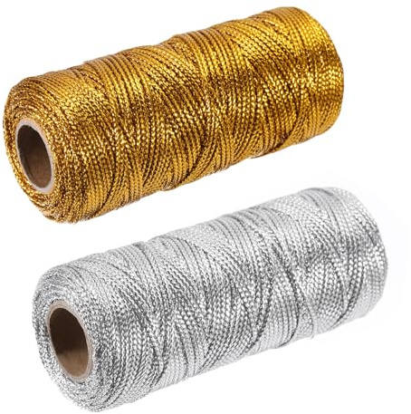 QUARKZMAN 100m/109 Yard Baumwollseil Gold Silber 2mm Durchmesser | Geflochtenes Kordel, Für Wanddekoration Pflanzenaufhängung Stricken Makramee-Knoten