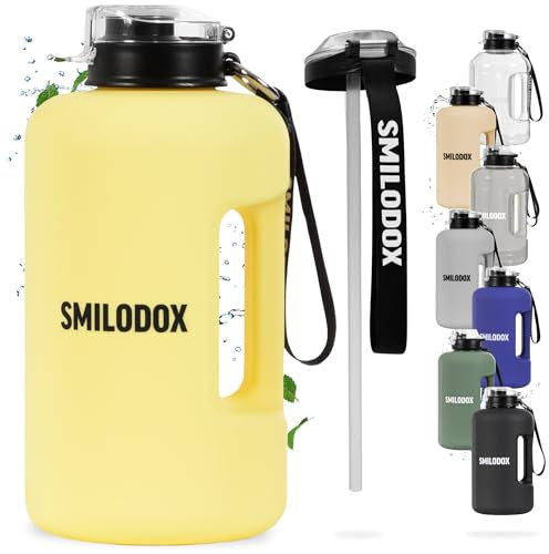 SMILODOX Trinkflasche 2,2 Liter - Extra Stark große Wasserflasche - BPA-frei, Sportflasche + Strohhalm (2 Deckel) Ideal für Fitnessstudio, Bodybuilding, Outdoor-sport, Wandern & Büro